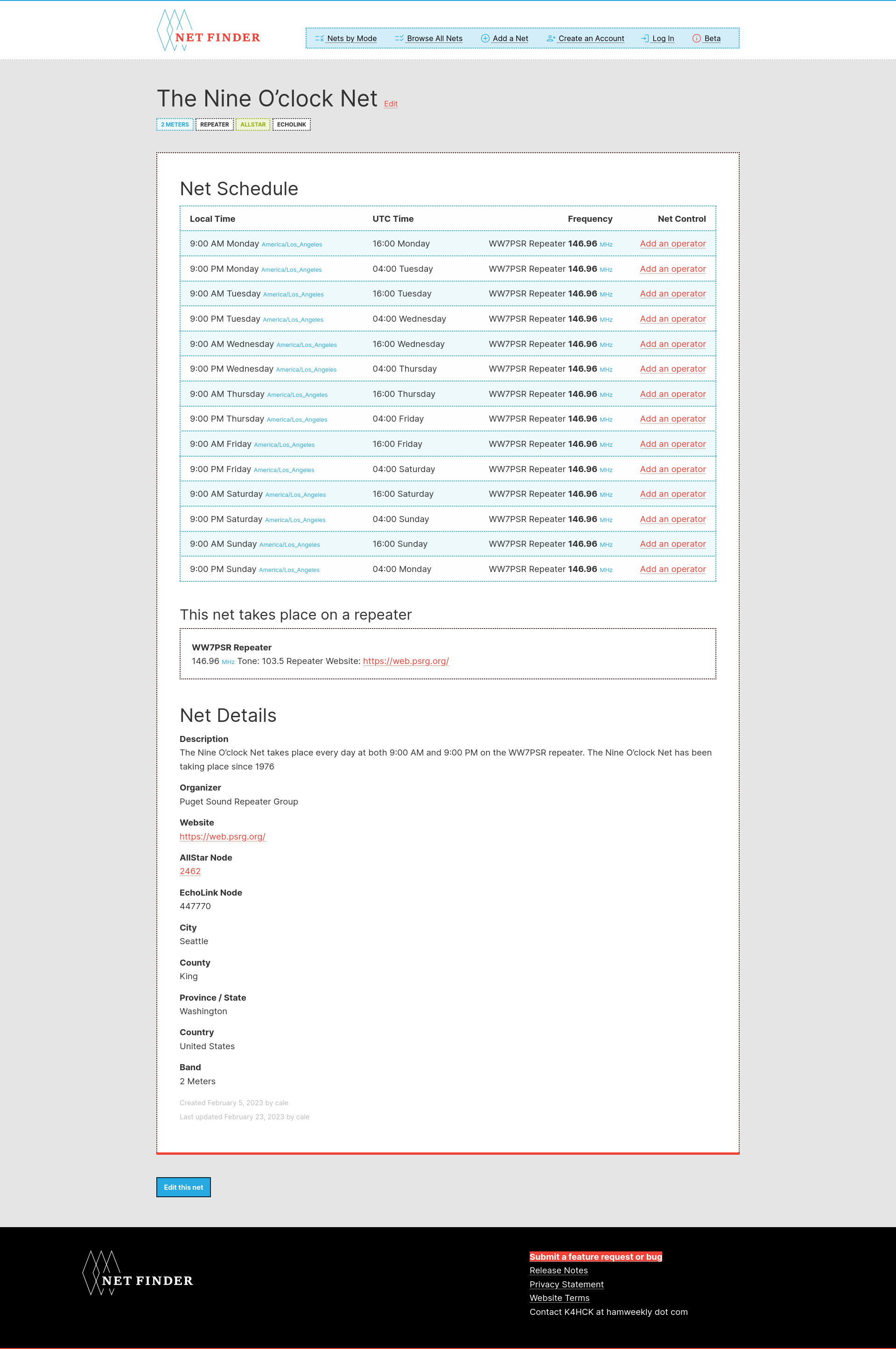 A screenshot of NetFinder displaying information for the Nine O'Clock Net out of Seattle, Washington.