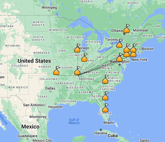 17 QSOs plotted on a map of North America